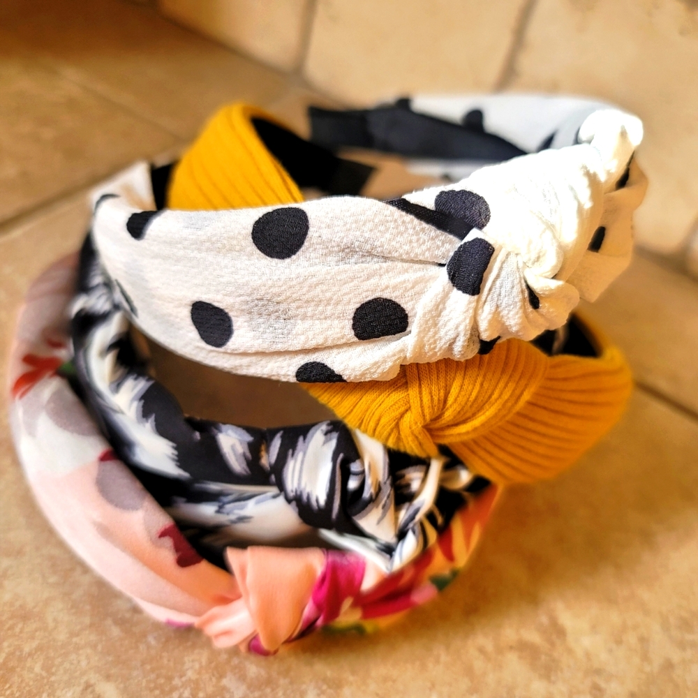 Four headbands polkadot black & white retro mustard golden ocre pink rose Floral